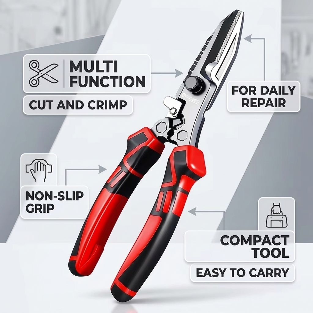 Multi Tool Plier - กรรไกรช่างไฟฟ้าอเนกประสงค์ ตัดลวด ตัดสายเคเบิล คีมจีบ งานหนัก สำหรับงานไฟฟ้า