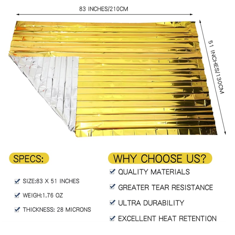 Survival Blanket Reflective - ผ้าห่มกันความร้อนไมลาร์สีทอง-เงิน ขนาด 130×210 ซม. ผ้าห่มกักเก็บความร้อนสะท้อนแสงสำหรับการช่วยเหลือฉุกเฉิน เหมาะสำหรับการตั้งแคมป์